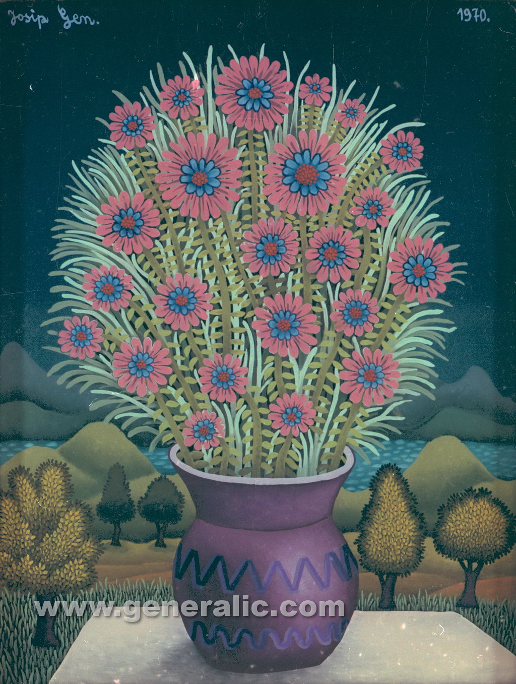 Josip Generalic, 1970, Flowers in purple pot, oil on glass