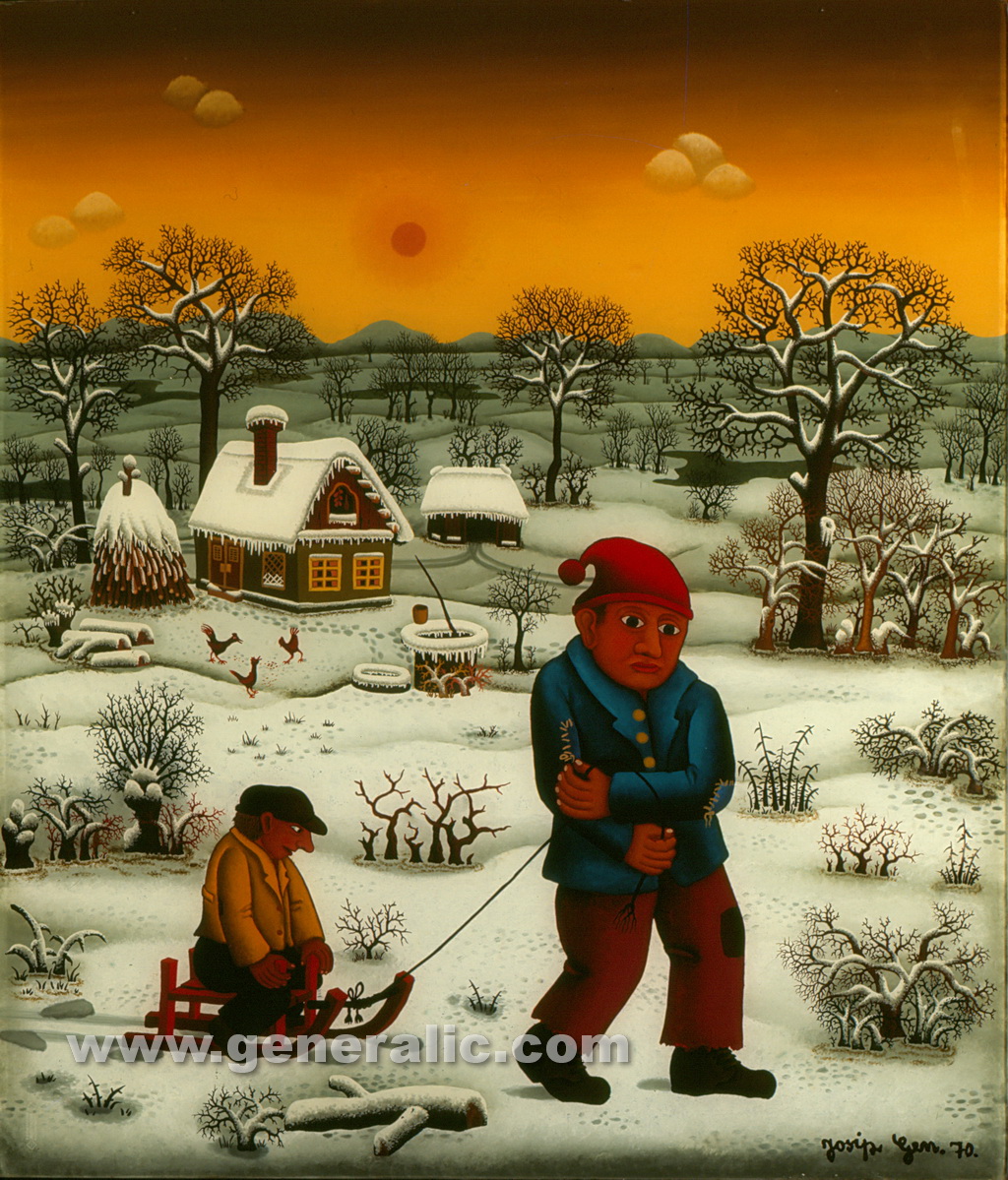 Josip Generalic, 1970, Friends with a sledge, oil on glass