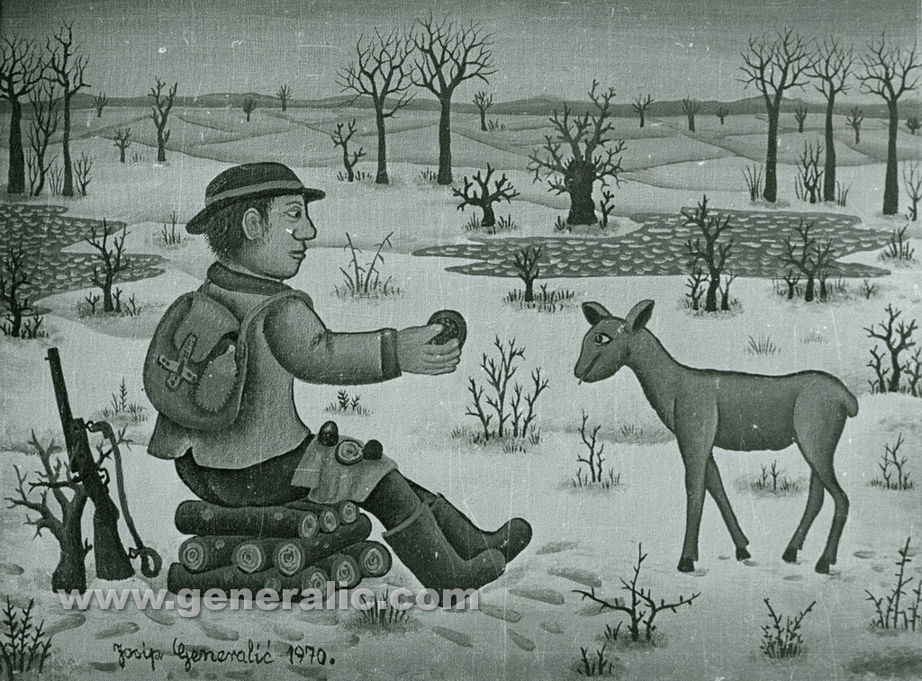 Josip Generalic, 1970, Hunter feeding a deer, oil on canvas