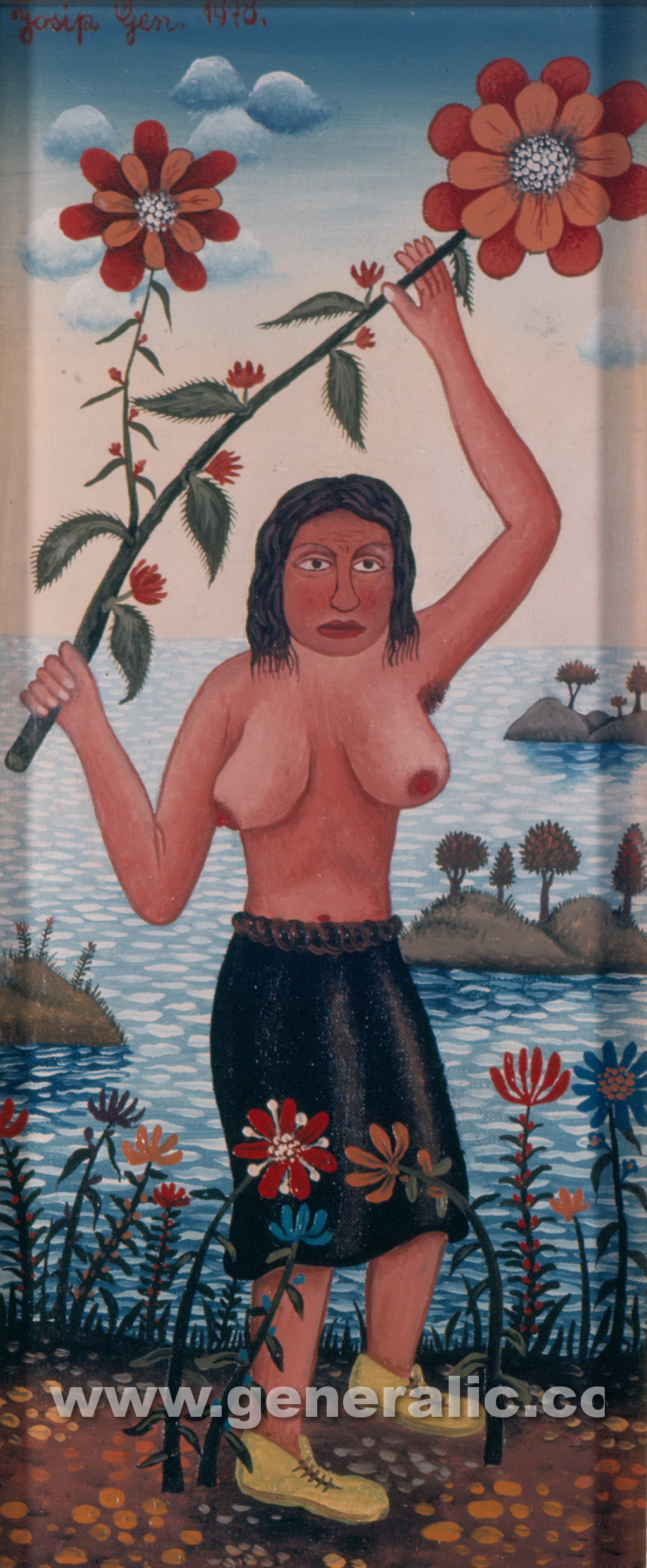 Josip Generalic, 1970, Topless woman with flowers, oil on canvas