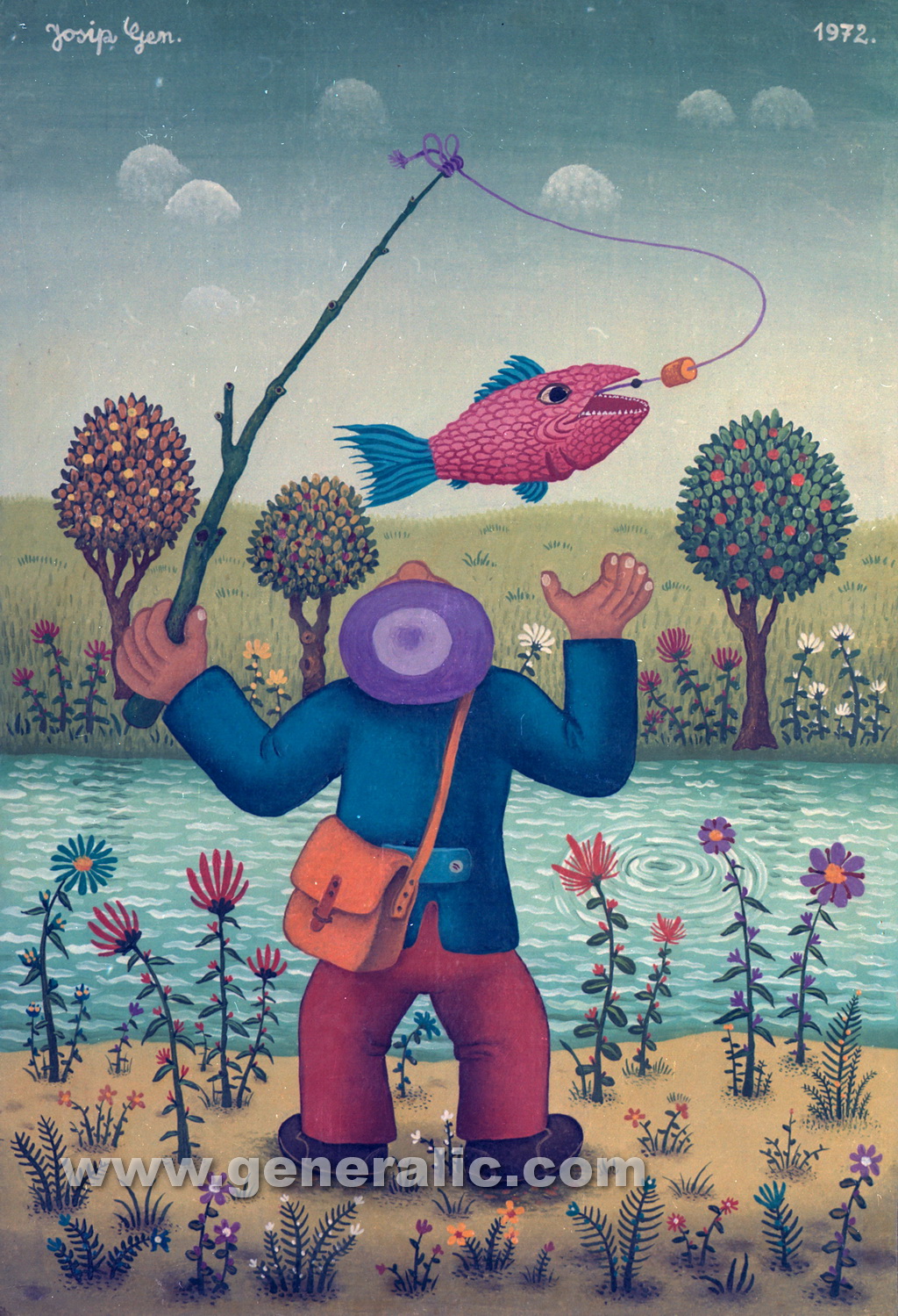 Josip Generalic, 1972, Fisherman with red fish, oil on canvas