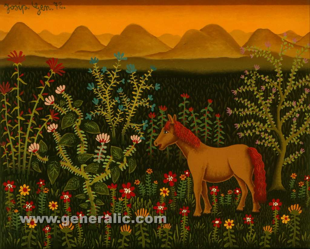 Josip Generalic, 1972, Horse in flower garden, oil on glass