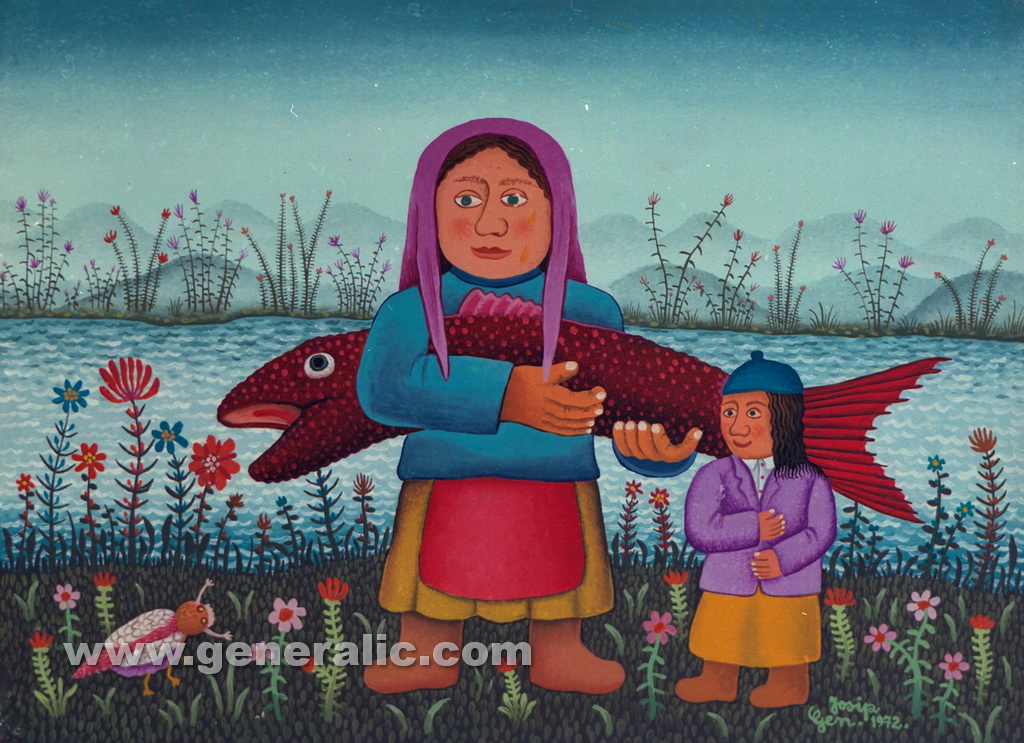 Josip Generalic, 1972, Mother and daughter with a fish, oil on canvas
