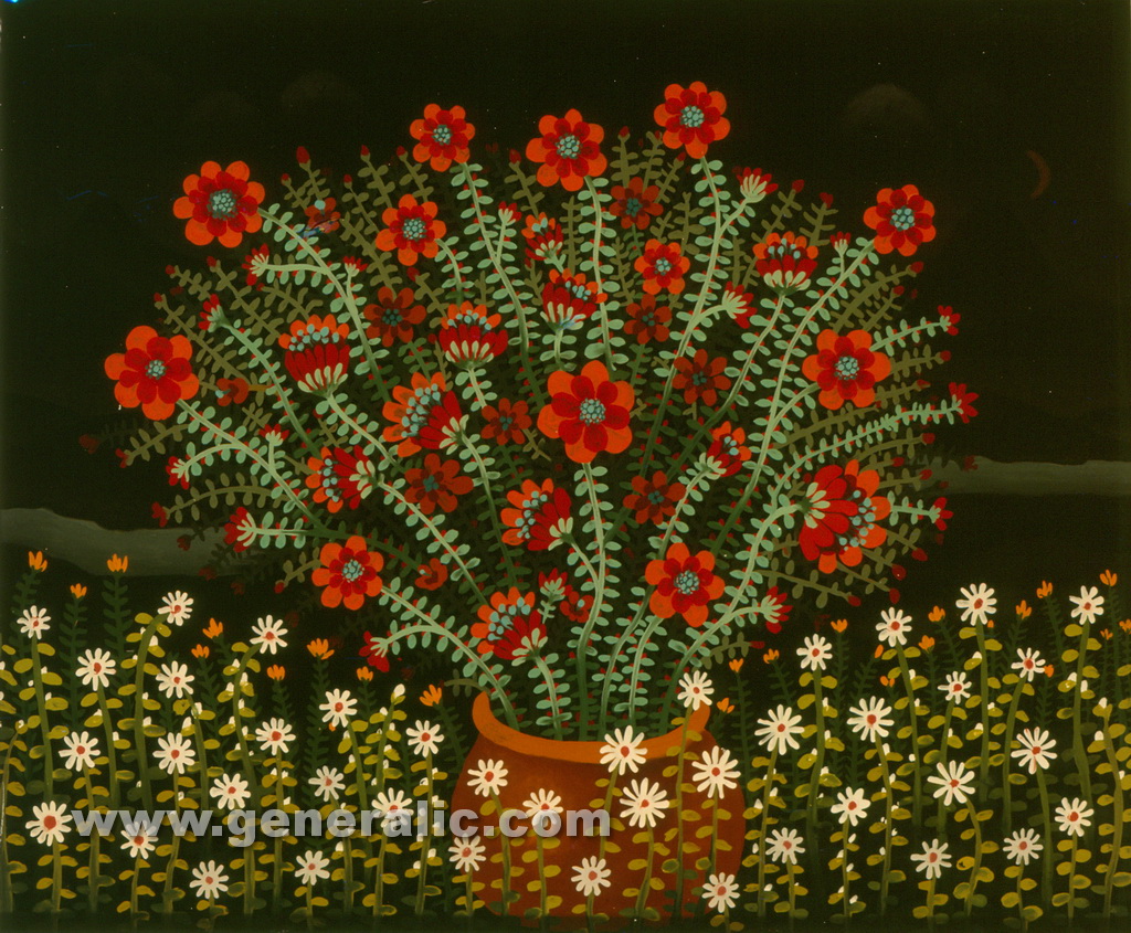 Josip Generalic, 1972, Red flowers, oil on glass