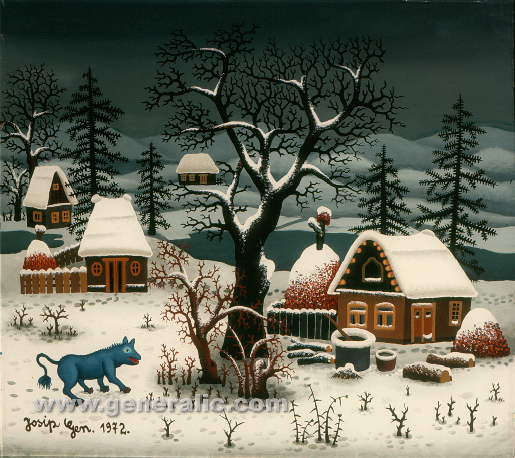 Josip Generalic, 1972, Winter with blue animal, oil on glass