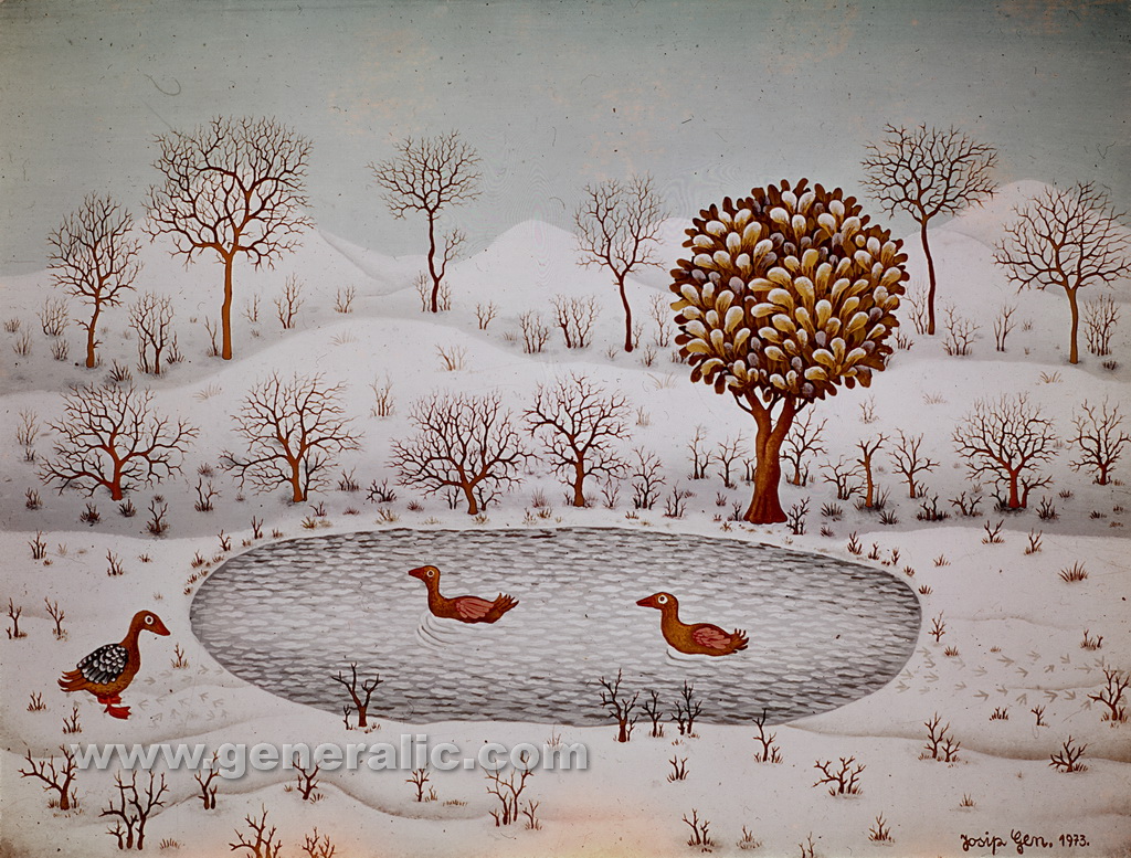 Josip Generalic, 1973, Ducks in a lake, oil on canvas