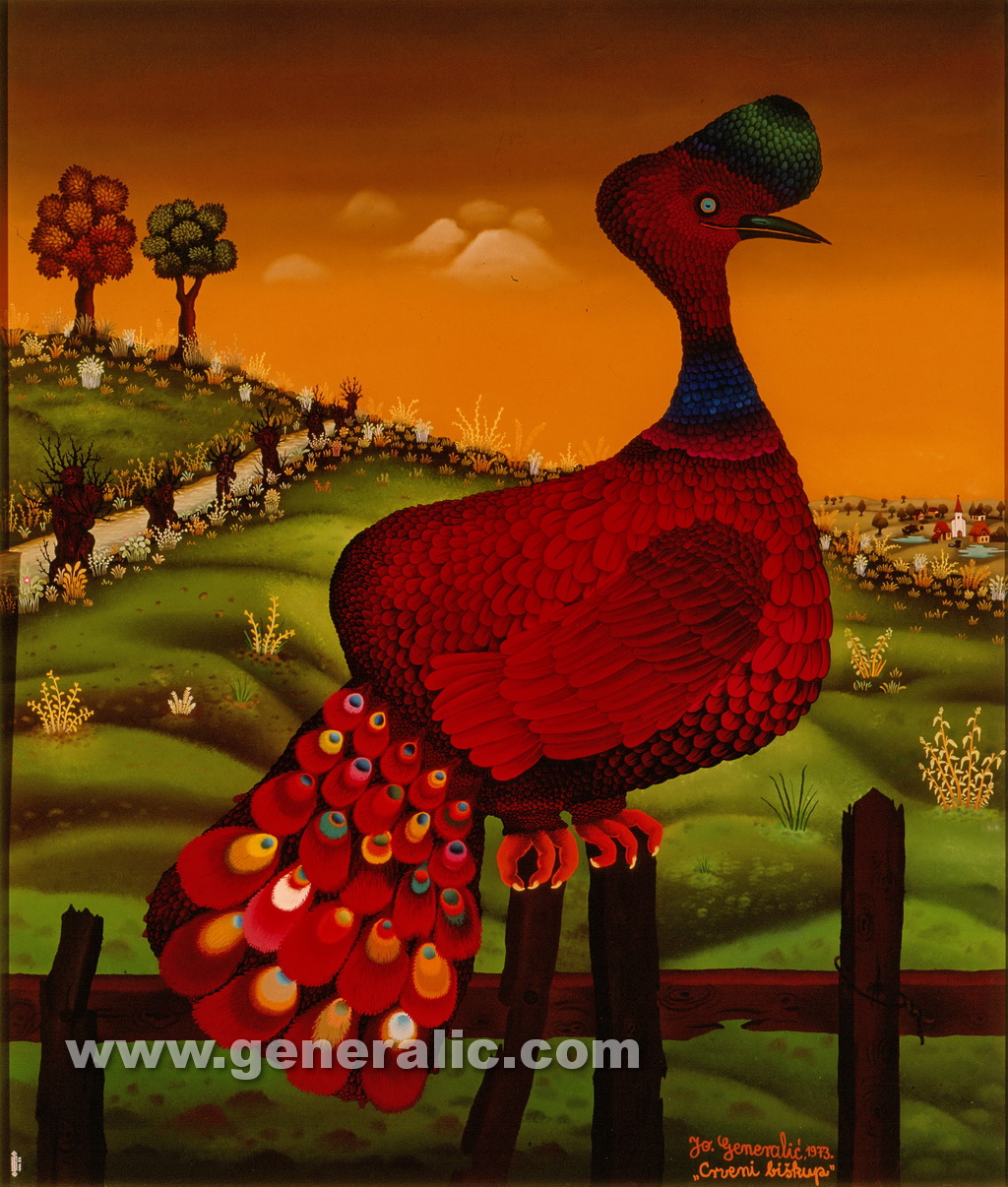 Josip Generalic, 1973, Red peacock, oil on glass
