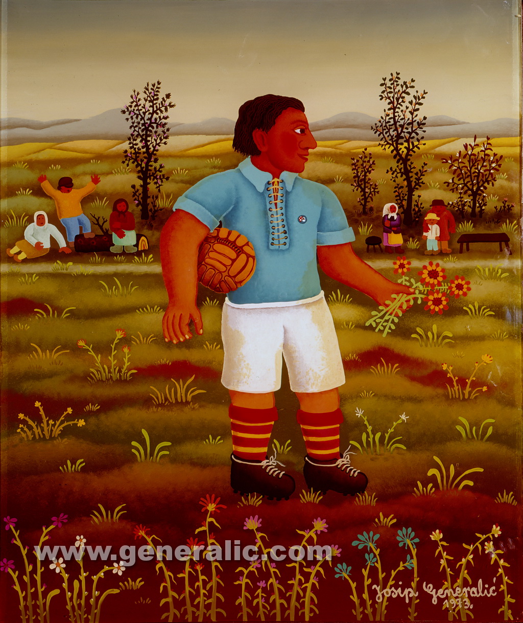 Josip Generalic, 1973, Soccer player with flowers, oil on glass