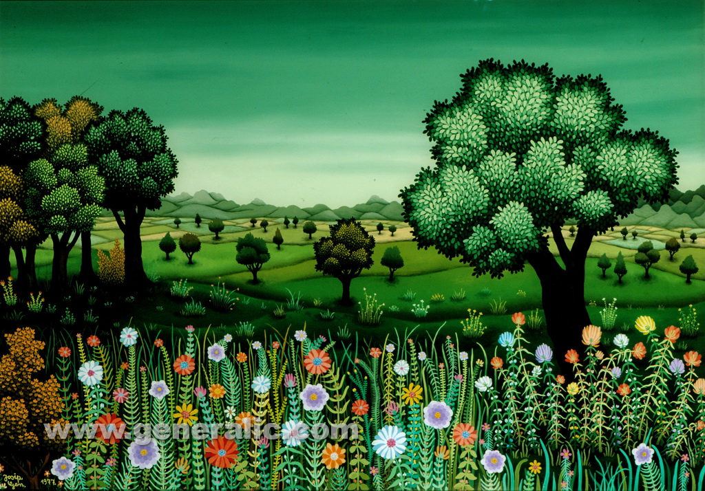 Josip Generalic, 1977, Flower meadow, oil on glass