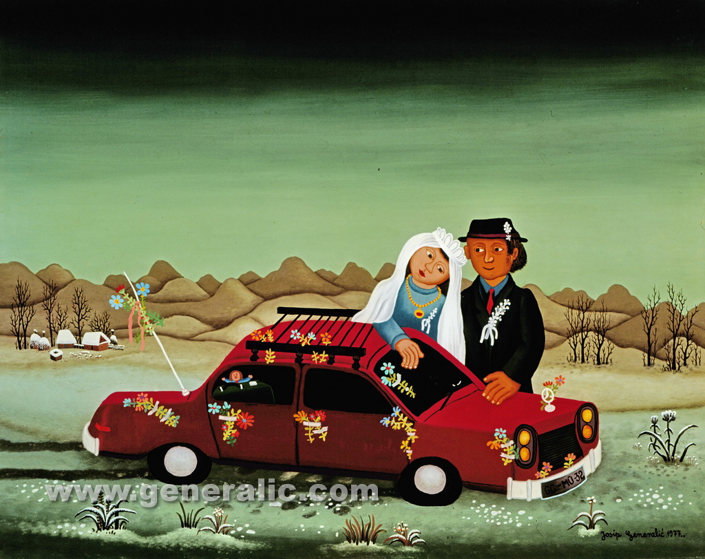 Josip Generalic, 1977, Newlyweds with red car, oil on glass
