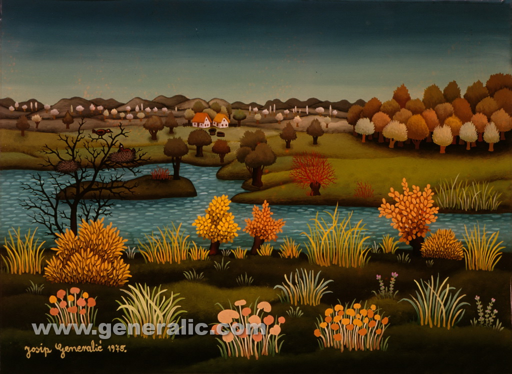 Josip Generalic, 1978, Landscape with river Drava, oil on glass, 35x47 cm