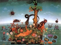 Josip Generalic, 1970, Adam i Eva (Adam and Eve), ulje na staklu (oil on glass)