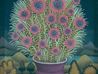 Josip Generalic, 1970, Cvijece u ljubicastoj vazi (Flowers in purple vase), ulje na staklu (oil on glass)