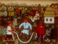 Josip Generalic, 1970, Djeca se igraju (Children jumping the rope), ulje na staklu (oil on glass)