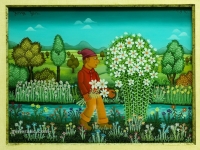 Josip Generalic, 1970, Djecak s bijelim cvijecem (Boy with white flowers), ulje na staklu (oil on glass)