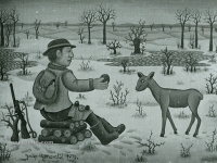Josip Generalic, 1970, Lovac hrani srnu (Hunter feeding a deer), ulje na platnu (oil on canvas)