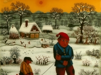 Josip Generalic, 1970, Prijatelji sa sanjkama (Friends with a sledge), ulje na staklu (oil on glass)