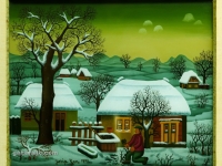 Josip Generalic, 1970, Rezanje drva (Man cutting wood), ulje na staklu (oil on glass)