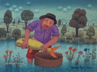 Josip Generalić, 1970, Ribič sa žutom ribom (Fisherman with a yellow fish), ulje na platnu (oil on canvas)