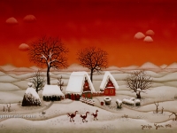 Josip Generalic, 1970, Zima s dvije kuce i tri ptice (Winter with two houses and three birds), ulje na staklu (oil on glass)