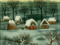 Josip Generalic, 1970, Zima s pet kuca (Winter with five houses), ulje na staklu (oil on glass)