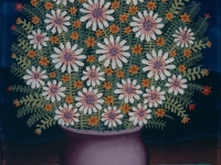 Josip Generalic, 1971, Cvijece u ljubicastoj vazi (Flowers in a purple vase), ulje na staklu (oil on glass)