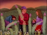 Josip Generalic, 1971, Djeca beru paprat (Children picking fern), ulje na staklu (oil on glass), 30x35 cm