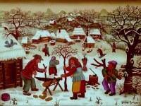 Josip Generalic, 1971, Piljenje drva (Wood sawing), ulje na staklu (oil on glass)
