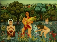 Josip Generalić, 1971, Žene love ribe (Women catching fish), ulje na staklu (oil on glass)