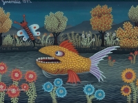Josip Generalić, 1971, Žuta riba (Yellow fish), ulje na staklu (oil on glass)