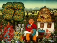Josip Generalić, 1972, Dječak s grožđem (Boy with grapes), ulje na staklu (oil on glass)