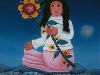 Josip Generalic, 1972, Djevojka sa suncokretom (Girl with a sunflower), ulje na staklu (oil on glass), 30x25 cm