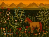 Josip Generalic, 1972, Konj medu cvijecem (A horse among flowers), ulje na staklu (oil on glass)