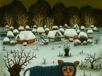 Josip Generalić, 1972, Plava životinja na snijegu (Blue animal in winter), ulje na staklu (oil on glass)