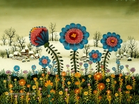 Josip Generalic, 1972, Plavi cvjetovi zimi (Blue flowers in winter), ulje na staklu (oil on glass)