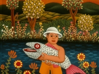 Josip Generalic, 1972, Ribic s bijelom ribom (Fisherman with white fish), ulje na staklu (oil on glass)