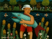 Josip Generalic, 1972, Ribic s plavom ribom (Fisherman with a blue), ulje na staklu (oil on glass)