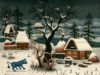 Josip Generalić, 1972, Zima s plavom životinjom (Winter with blue animal), ulje na staklu (oil on glass)