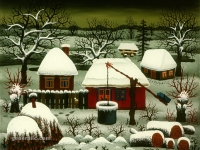 Josip Generalic, 1972, Zima s tri kuce (Winter with three houses), ulje na staklu (oil on glass)