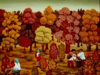 Josip Generalić, 1973, Berba grožđa (Picking grapes in a vineyard), ulje na staklu (oil on glass)