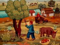 Josip Generalić, 1973, Berba trešanja (Picking cherries), ulje na staklu (oil on glass)