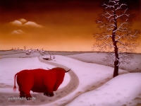 Josip Generalic, 1973, Crveni bik (Red bull), ulje na staklu (oil on glass)