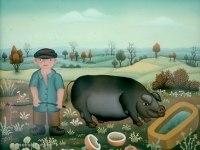 Josip Generalic, 1973, Djecak s crnom svinjom (Boy with a black pig), ulje na staklu (oil on glass)