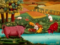 Josip Generalić, 1973, Pejzaž s kravama (Landscape with cows), ulje na staklu (oil on glass), 100x160 cm
