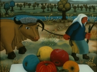 Josip Generalić, 1973, Žena s kravom i jabukama (Woman with a cow and apples), ulje na staklu (oil on glass)