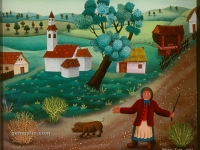 Josip Generalić, 1973, Žena sa svinjom (Woman with a pig), ulje na staklu (oil on glass)