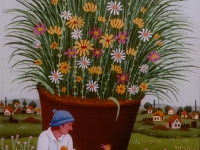 Josip Generalic, 1974, Djecak hrani svinju (Boy feeding a bird), ulje na staklu (oil on glass), 35x25 cm