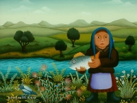 Josip Generalic, 1974, Djevojka s ribom (Girl with a fish), ulje na staklu (oil on glass)