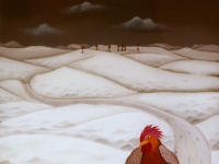Josip Generalic, 1974, Pijetao na snijegu (Rooster in winter), ulje na staklu (oil on glass), 65x50 cm