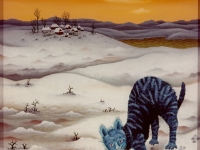 Josip Generalic, 1974, Plava macka na snijegu (Blue cat on the snow), ulje na staklu (oil on glass), 50x45 cm